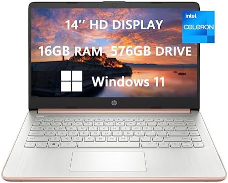 2023 Newest HP Laptops for College Student & Business, 14” HD Computer, Intel Celeron N4120(4-core), up to 2.60 GHz, 16GB RAM, 576GB(64GB SSD+512GB Card), HDMI, Rose Gold, Windows 11, ROKC HDMI Cable