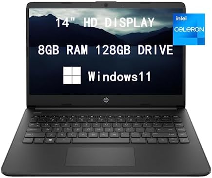 HP 2023 Newest Upgraded Laptops for College Student & Business, 14” HD Computer, Intel Celeron N4120 Quad-Core, 8GB RAM, 128GB(64GB SSD+64GB Card) Fast Charge, Windows 11, Black (14-dq0051dx)